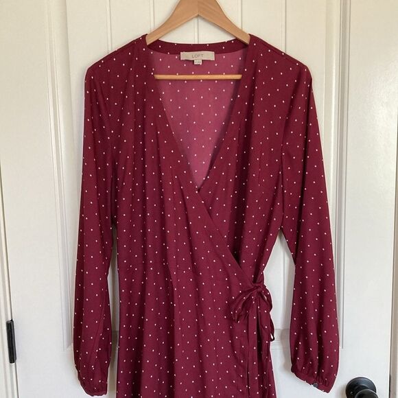 Loft‎ Womens Wrap Dress 14 Maroon Stars Long Sleeves Lightweight Career - Picture 2 of 8